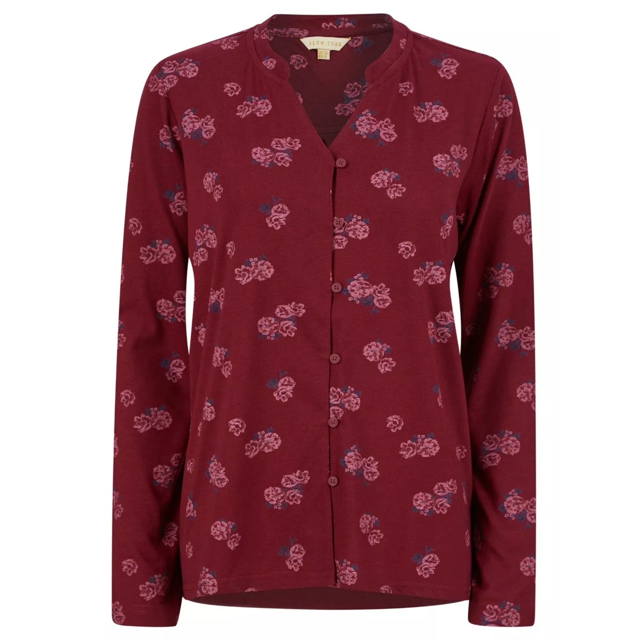 Women's burgundy long sleeve button-up top with pink floral print and v-neckline.
